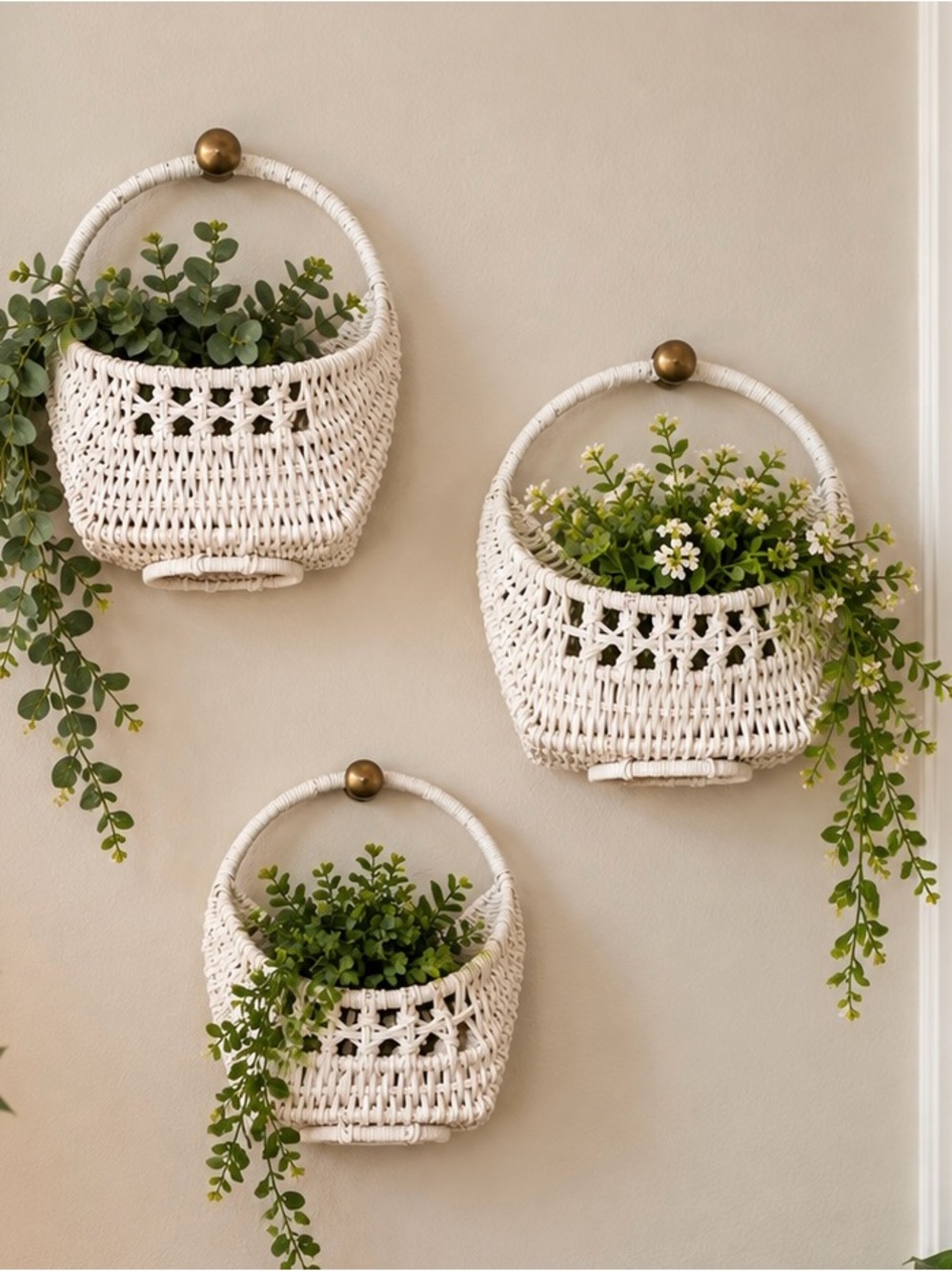 Vintage White Wicker Wall Pocket Baskets Set of 3 Cottagecore Boho Decor